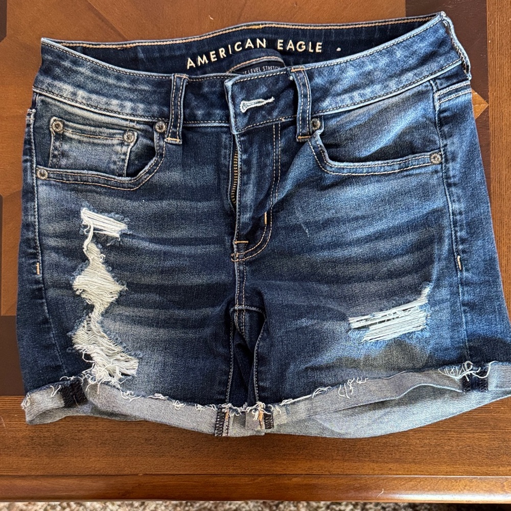 American Eagle Outfitters Women's Ripped Jean Shorts - Dark Blue